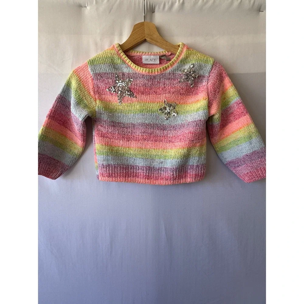 The Children's Place Girls Rainbow Stripe Sequin Star Knit Sweater Size 5/6 S